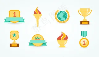 金色奖杯与奖牌图标矢量素材