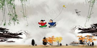 淡雅复古水墨清明节海报展板背景