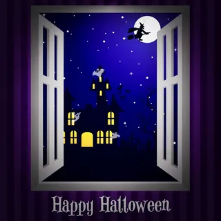 看着窗外的鬼屋万圣节卡片矢量格式