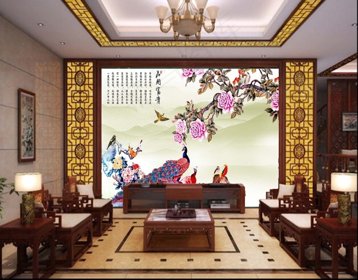 花开富贵中式背景墙(3543X2835(DPI:300))psd模版下载