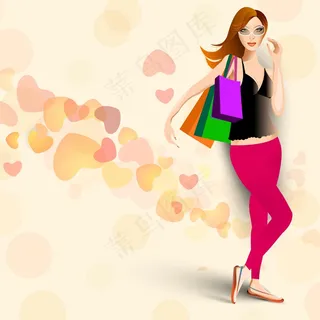 年轻时尚的女孩 购物袋在心中装饰背...