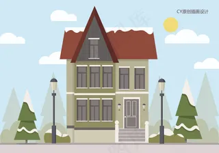 冬日小屋风景插画