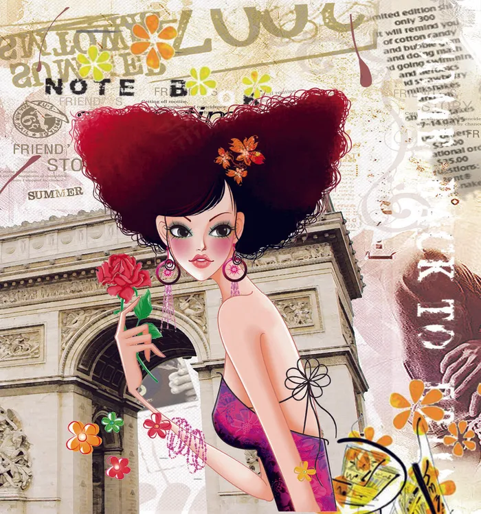 凯旋门手拿玫瑰美女