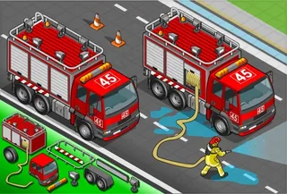 红色消防车等距交通工具矢量