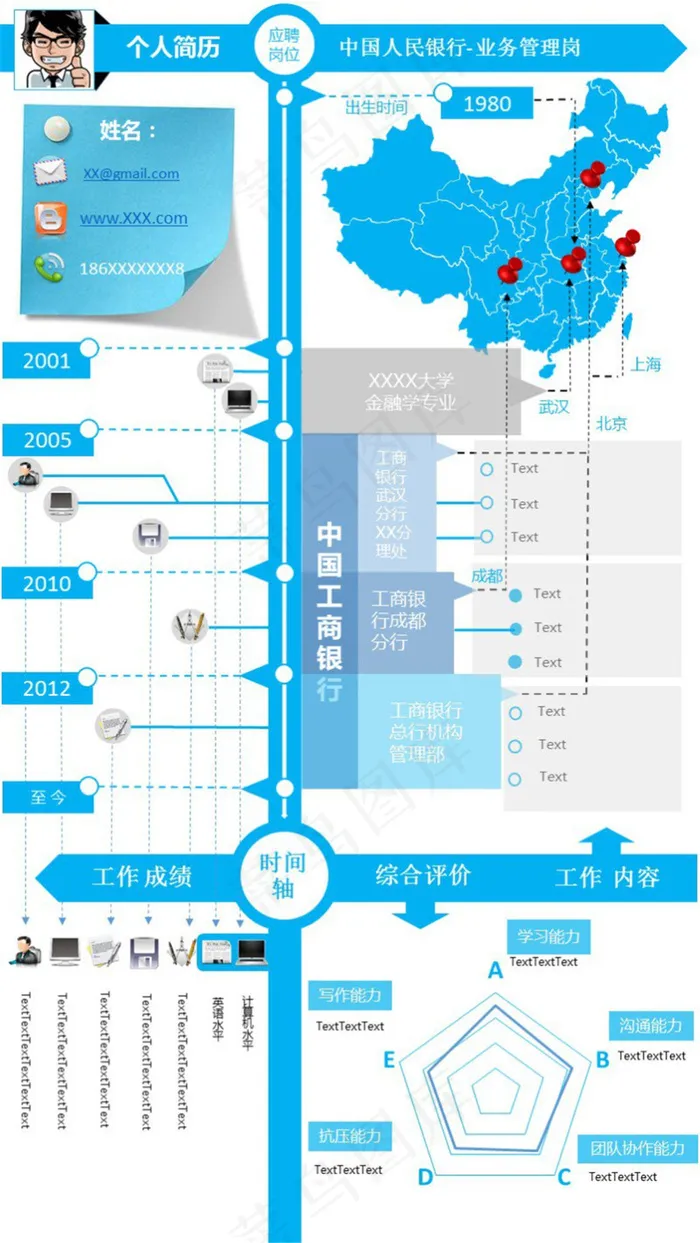 单页蓝色时间轴简历模板