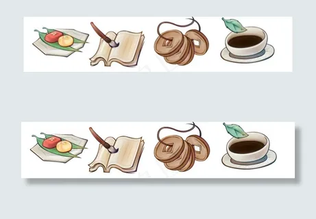 糕点汤药铜钱书本毛笔树叶等素材