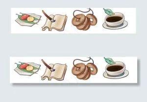 糕点汤药铜钱书本毛笔树叶等素材