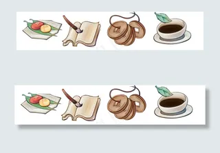 糕点汤药铜钱书本毛笔树叶等素材