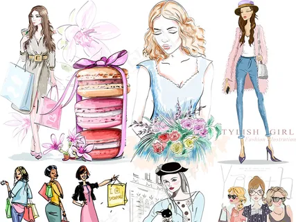 手绘卡通人物美女购物时尚女人商务小...