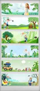 卡通绿色春季促销banner海报背...