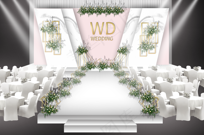 白粉色大理石简约婚礼舞台效果图
