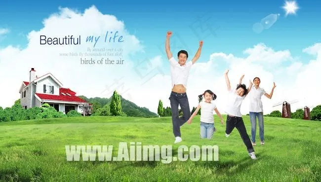 快乐家庭草地风景PSD素材