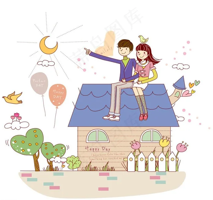 坐在屋顶上约会的情侣图片ai矢量模版下载