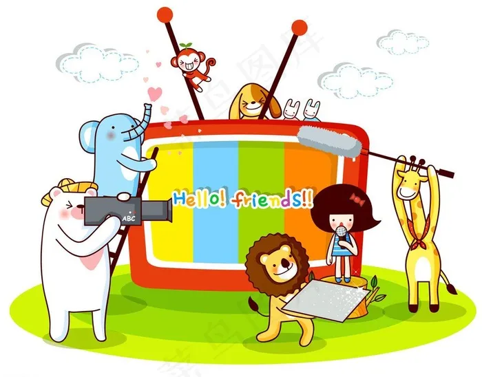 电视机和小动物图片eps,ai矢量模版下载