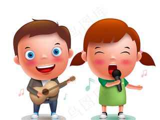 可爱立体卡通儿童演奏乐器矢量素材