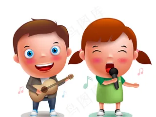 可爱立体卡通儿童演奏乐器矢量素材