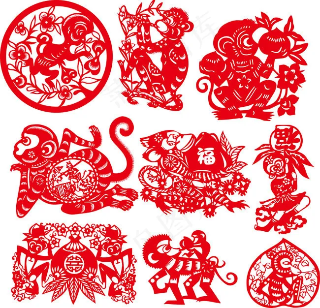 矢量设计素材猴年剪纸图案大全ai素...ai矢量模版下载