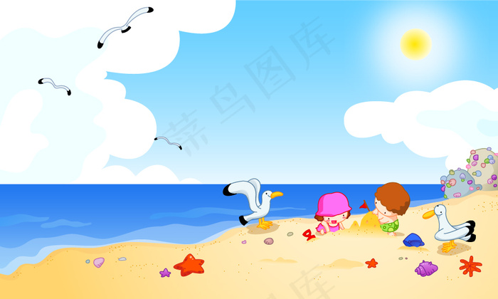 海滩边玩耍的儿童矢量素材