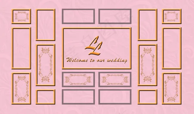 粉金色婚礼金色相框边框欧式花纹婚礼背景(5197X3071(DPI:30))psd模版下载