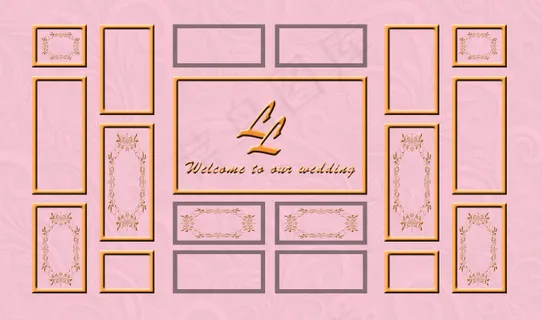 粉金色婚礼金色相框边框欧式花纹婚礼背景