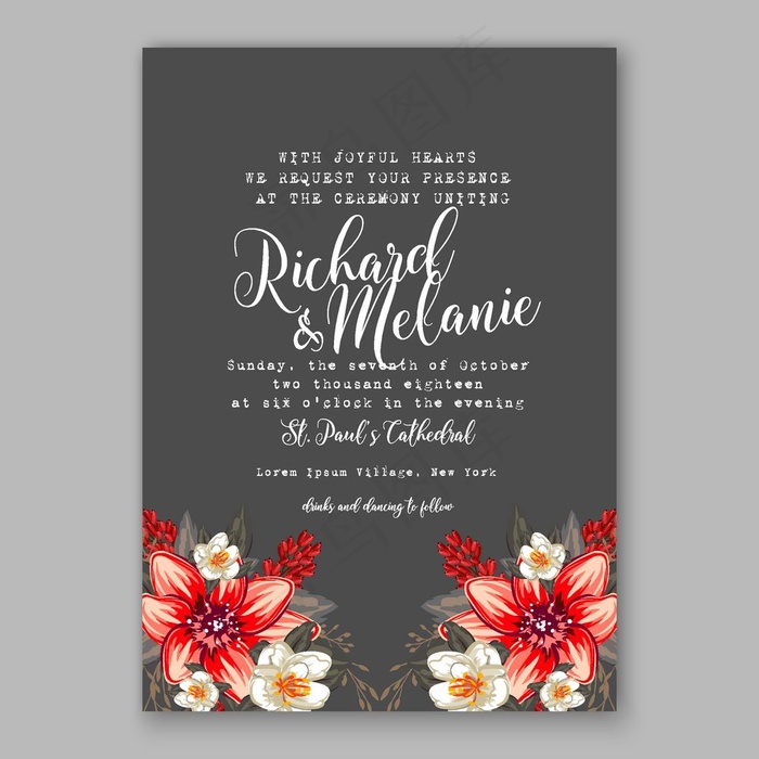 红色植物花朵婚礼请贴矢量素材