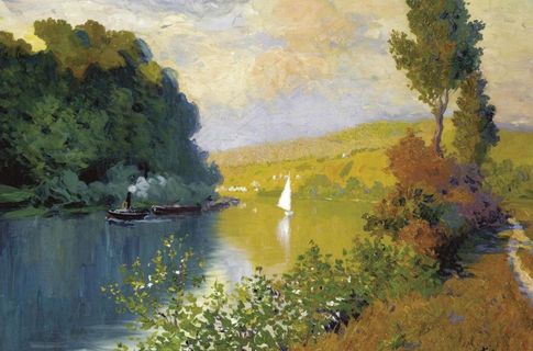 水岸风景油画图片