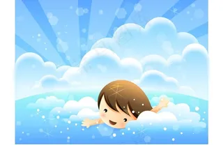 在大海游泳的小男孩