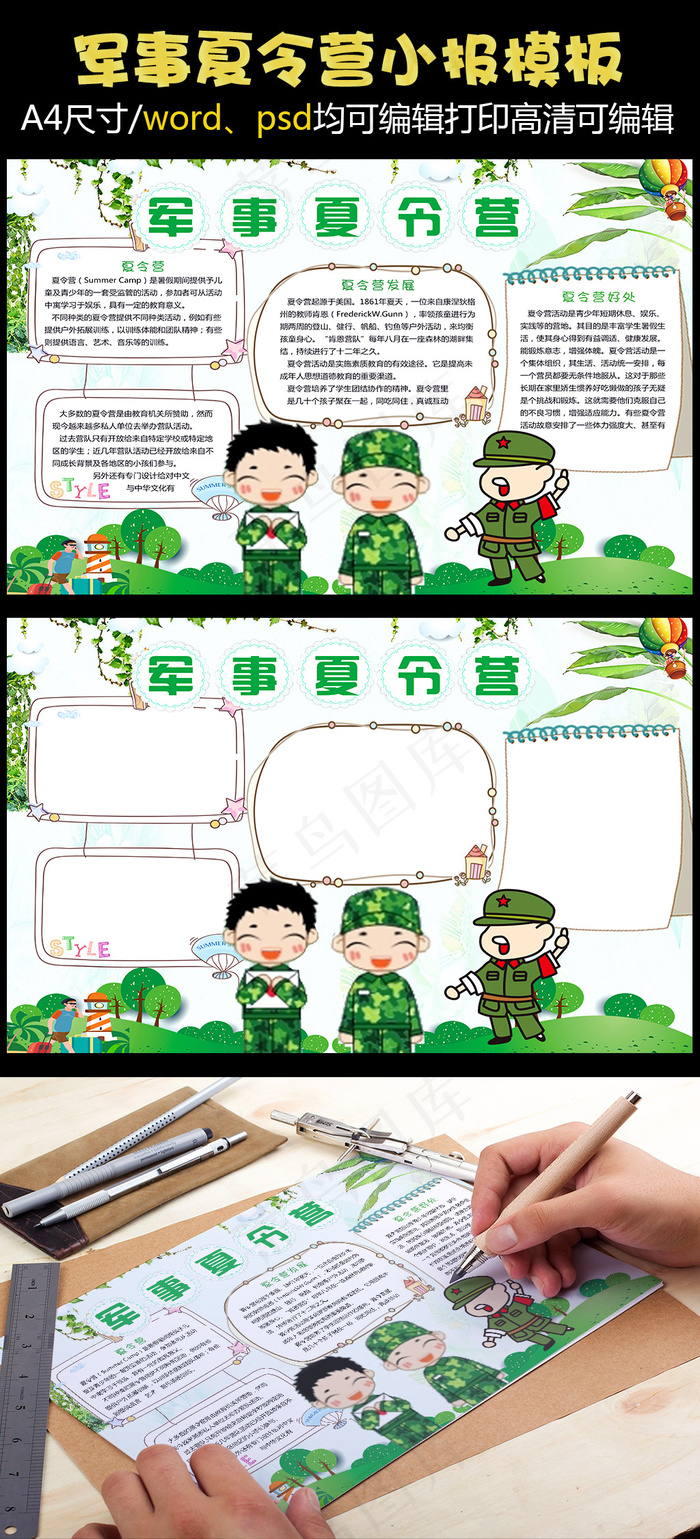 暑期军事夏令营电子小报模版psd模版下载