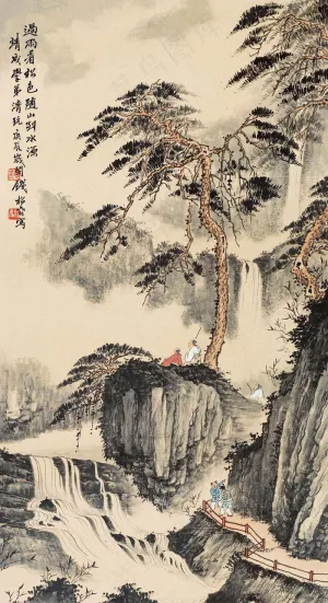 雨过看瀑图图片