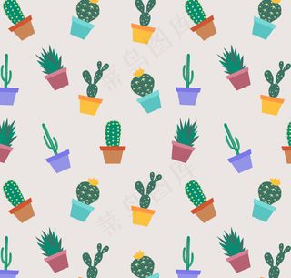 卡通仙人掌盆栽无缝背景矢量素材下载
