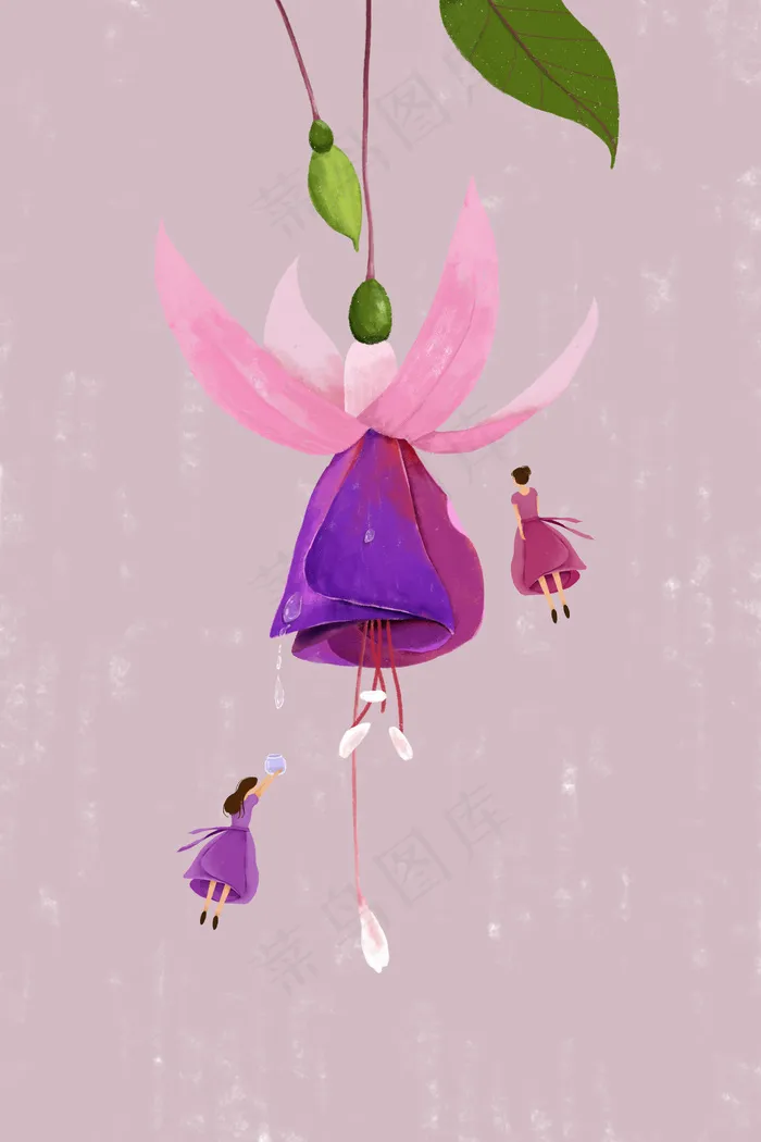 蓝色紫色跳舞兰卡通插画花人物精灵