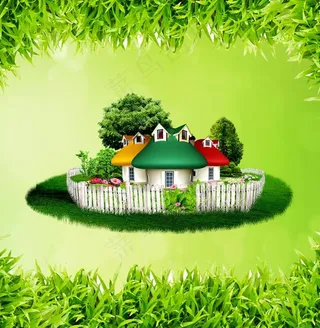 草地景色小房子PSD素材