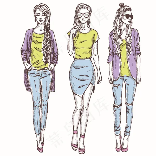潮流少女卡通形象素材eps,ai矢量模版下载