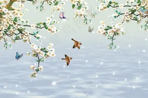 现代清新优雅白色花枝树枝小鸟水面背...