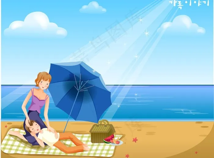 海边沙滩休闲的母子图片ai矢量模版下载