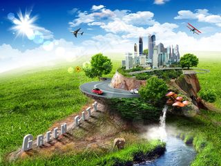 蓝天白云绿色城市