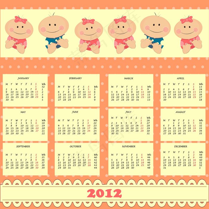 微笑儿童2012新年挂历矢量模板eps,ai矢量模版下载