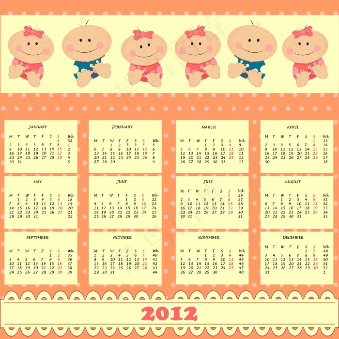 微笑儿童2012新年挂历矢量模板eps,ai矢量模版下载