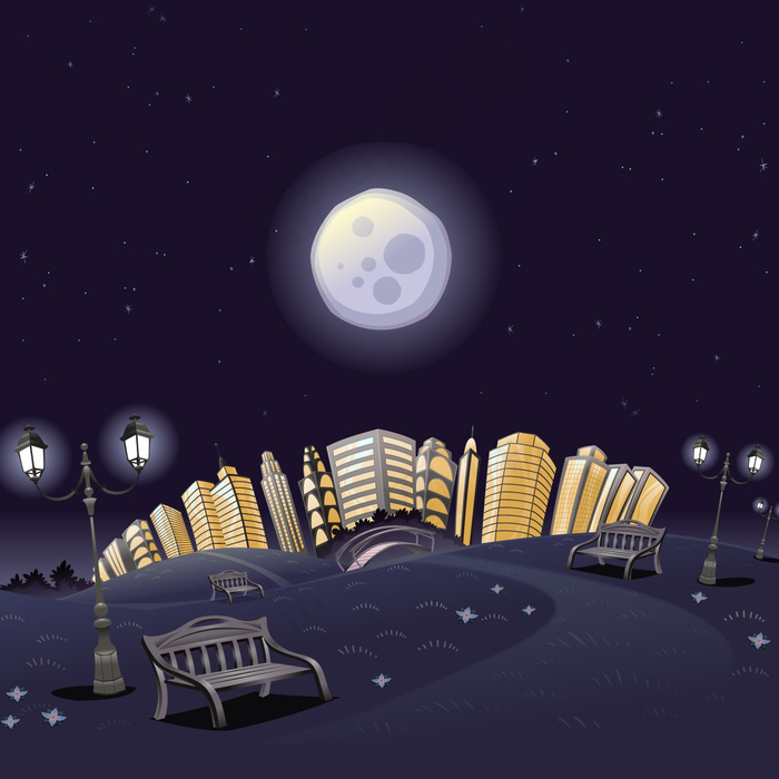 卡通城市夜晚月亮建筑路灯矢量图