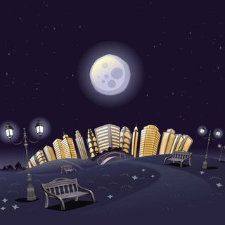 卡通城市夜晚月亮建筑路灯矢量图