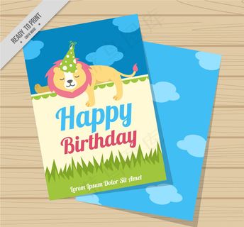 卡通背景生日云朵狮子海报