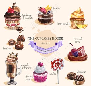 9款水彩甜点矢量素材