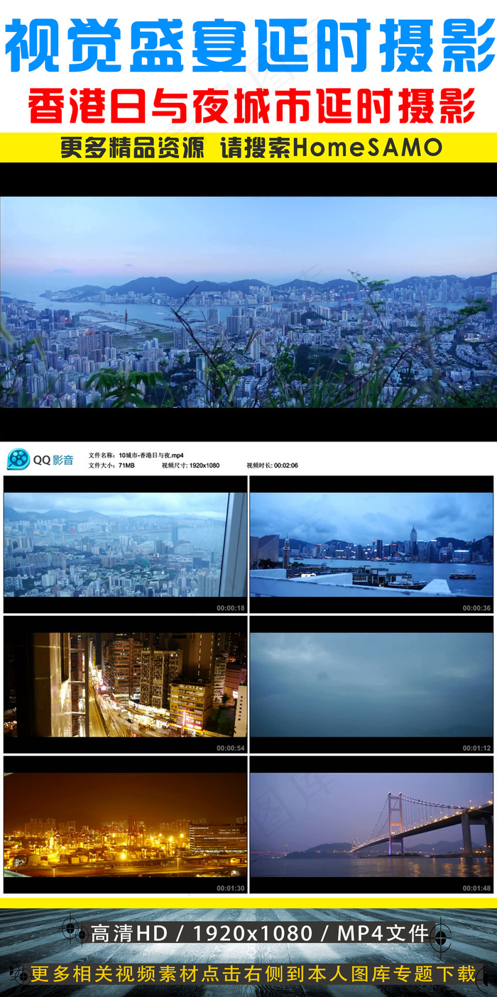 中国香港日与夜城市景观延时摄影视频