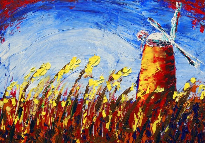 油画 麦田风车图片
