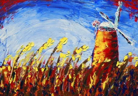 油画 麦田风车图片