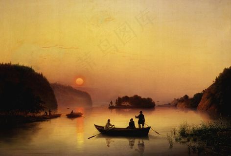 夕阳渔船图片