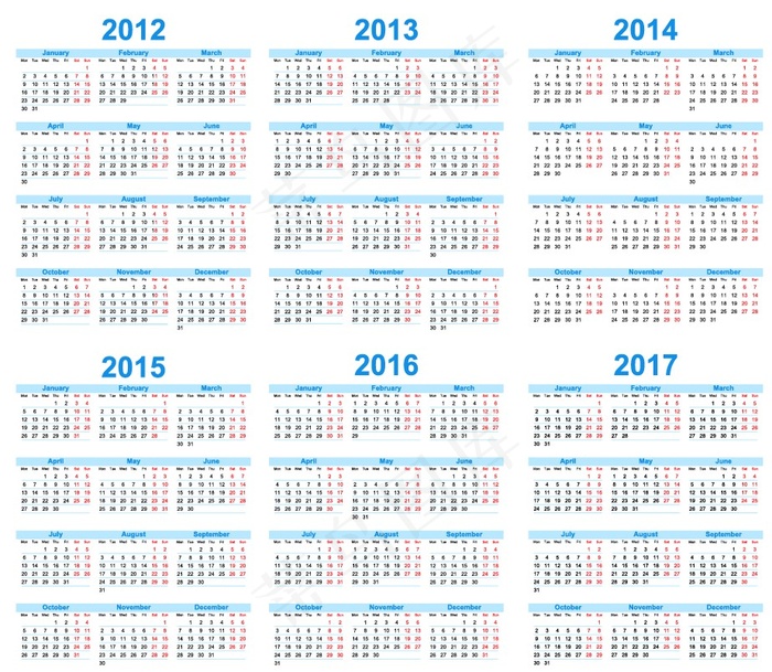 台历2012-2017矢量图eps,ai矢量模版下载