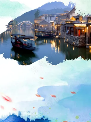 小河游船花瓣古镇旅游背景素材