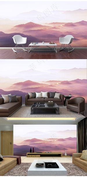 新中式现代简约山水沙发背景墙客厅背...