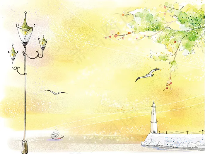 天空路灯唯美意境卡通图片